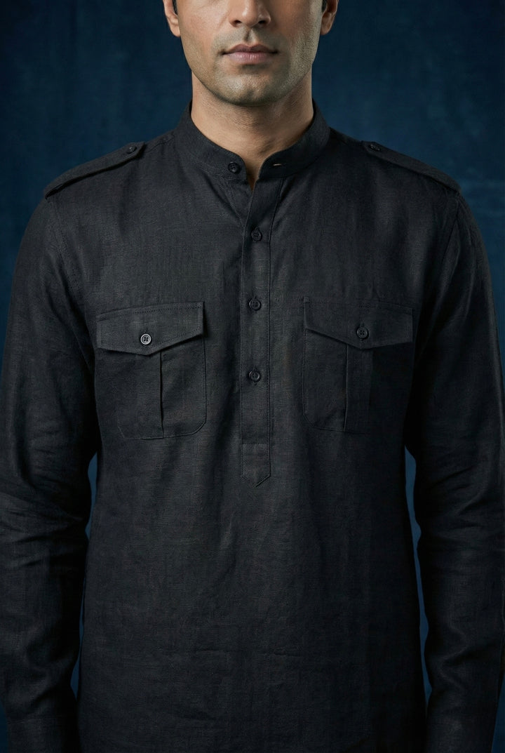 Abees Black linen solid kurta set - side view