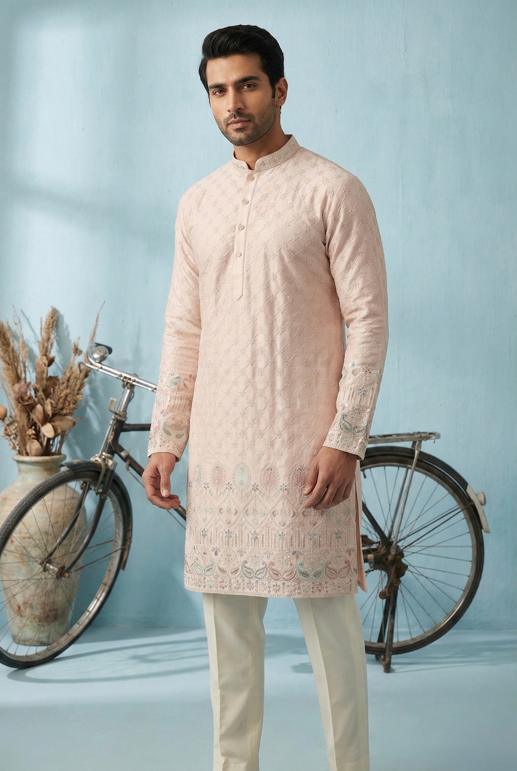 Blush Beige Embroidered Festive Kurta Set for Men