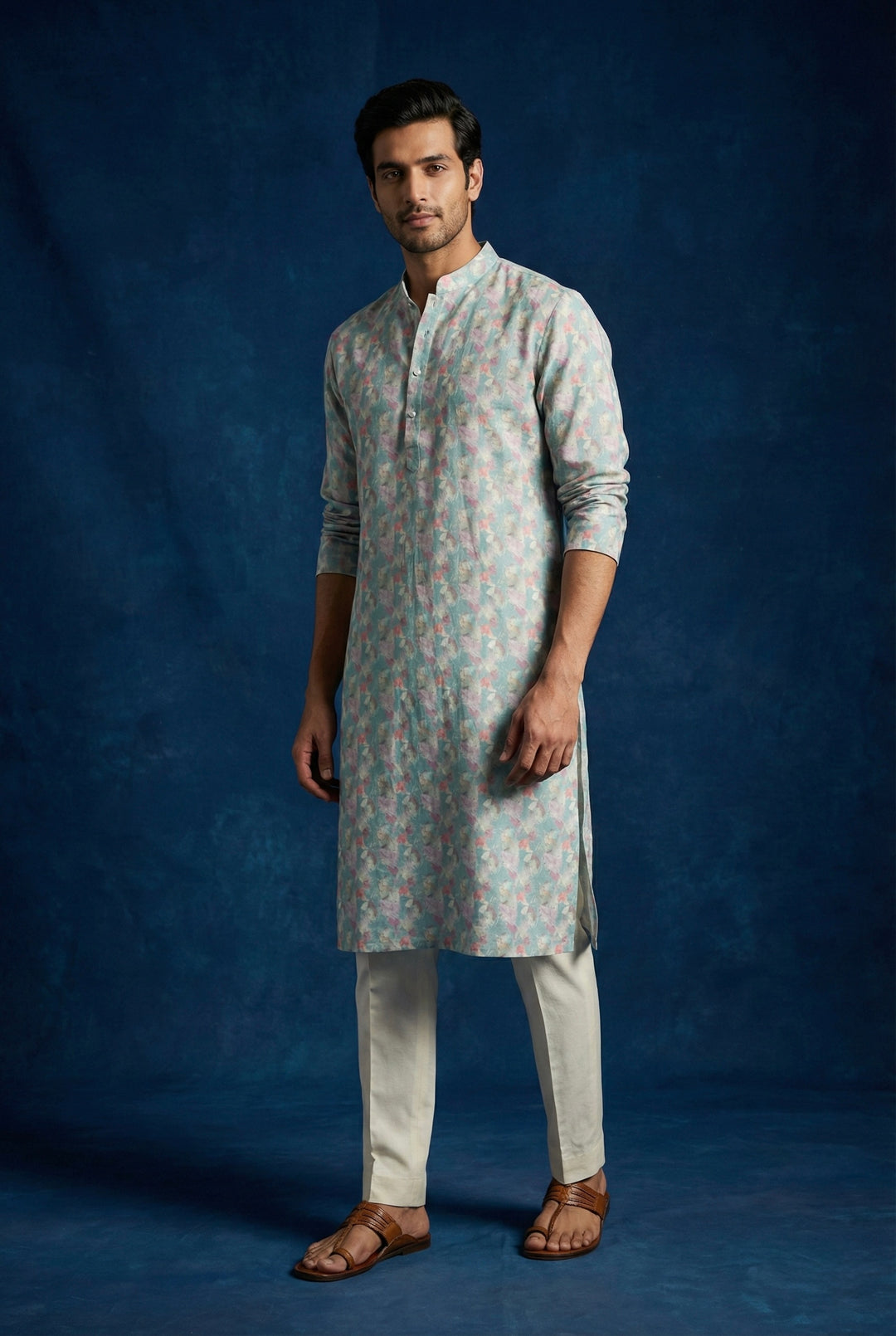 Abees Beige linen printed kurta for men - front view