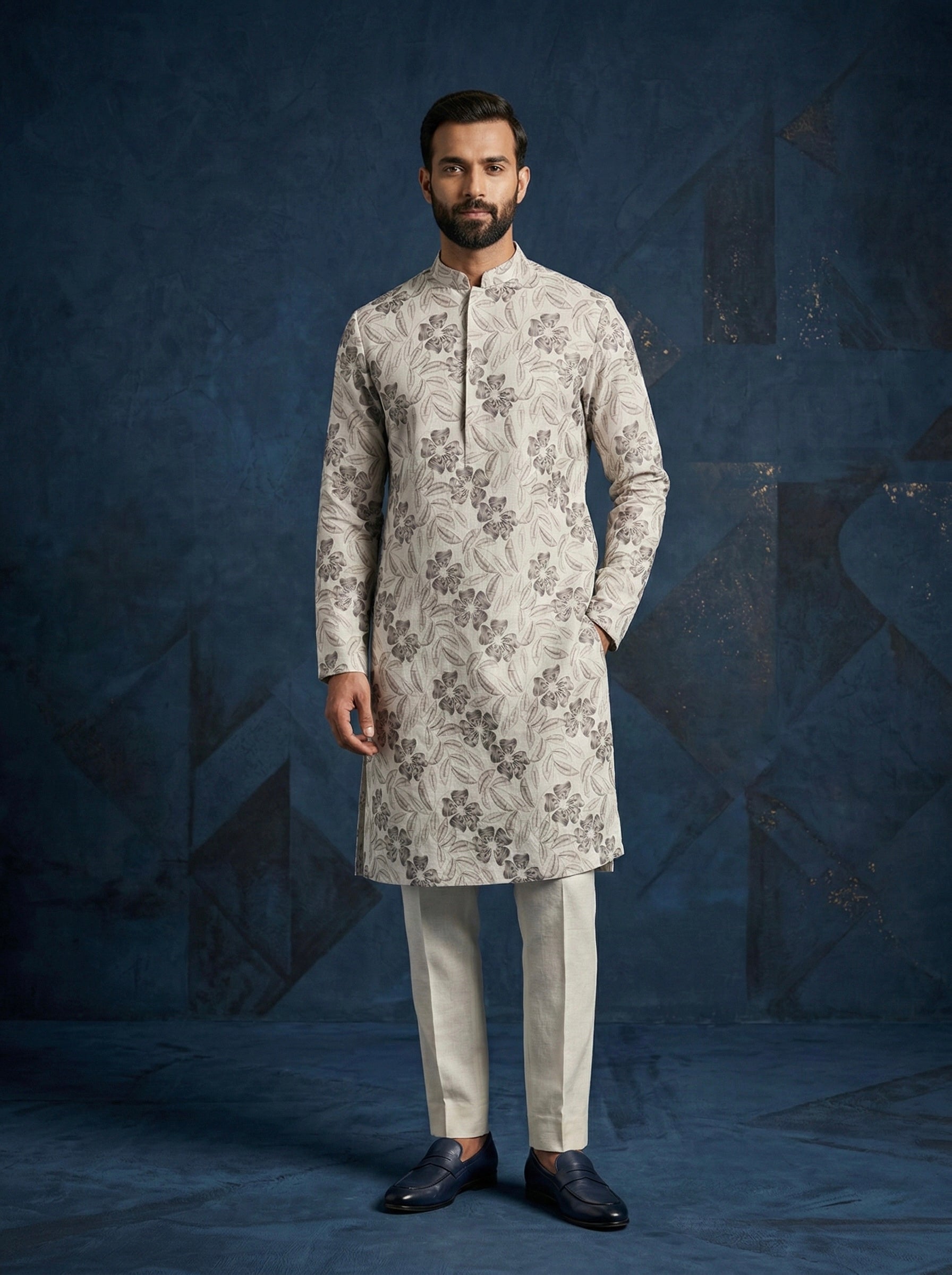 Stone Grey Floral Printed 100% Linen Kurta with Trousers