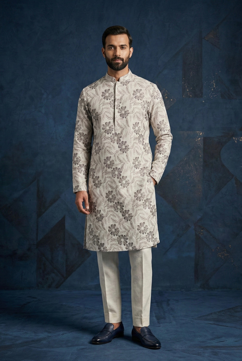 Abees Grey linen printed kurta set with trousers - front view