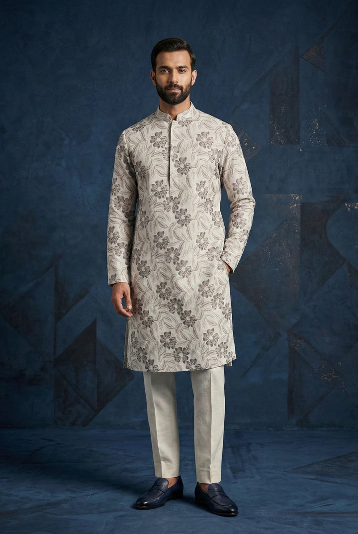 Abees Grey linen printed kurta set with trousers - front view