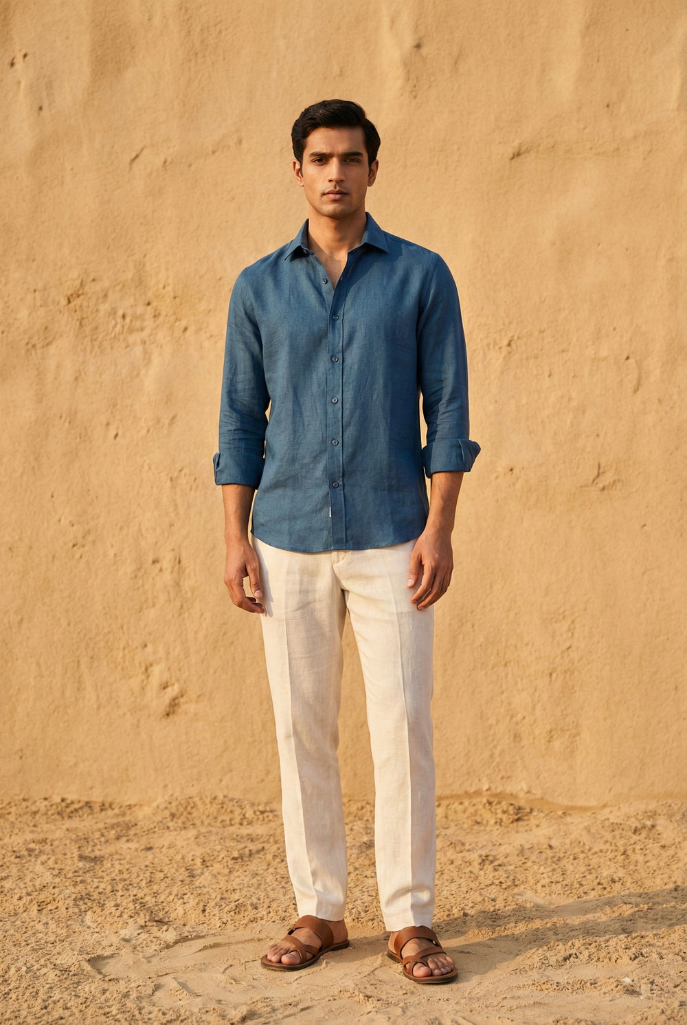 Abees Teal blue linen solid shirt - front view