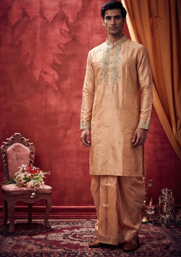 Abees Peach silk embroidered pattu kurta set with dhoti and angavastram - front view