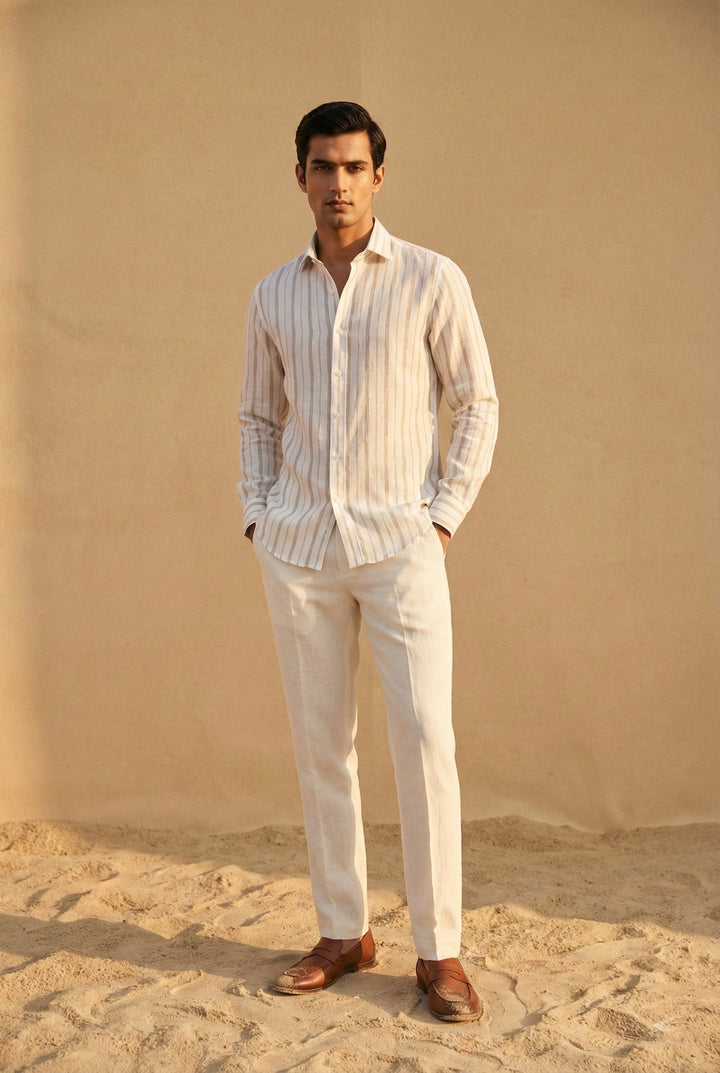 Beige Striped Pure Linen Shirt for Men