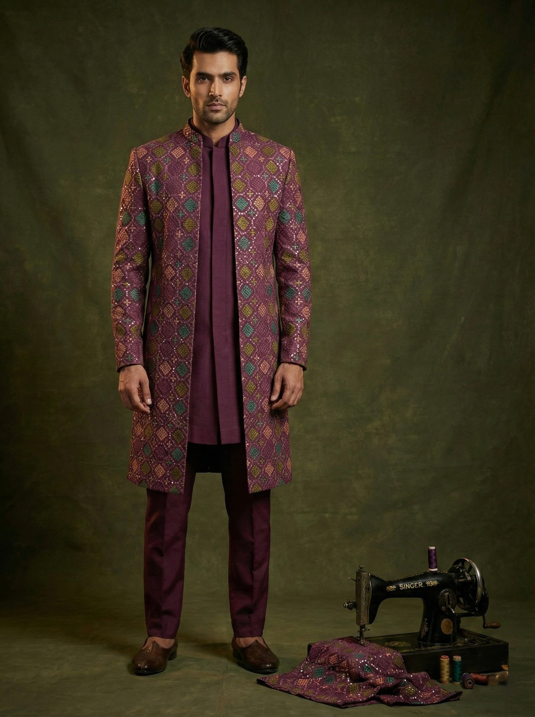Royal Plum Geometric Embroidered Layered Sherwani Set for Men