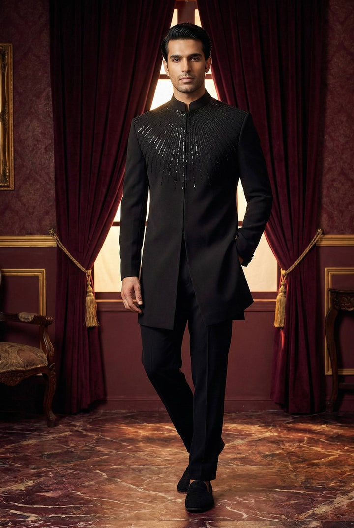Abees Black hand embroidered bandhgala set - front view
