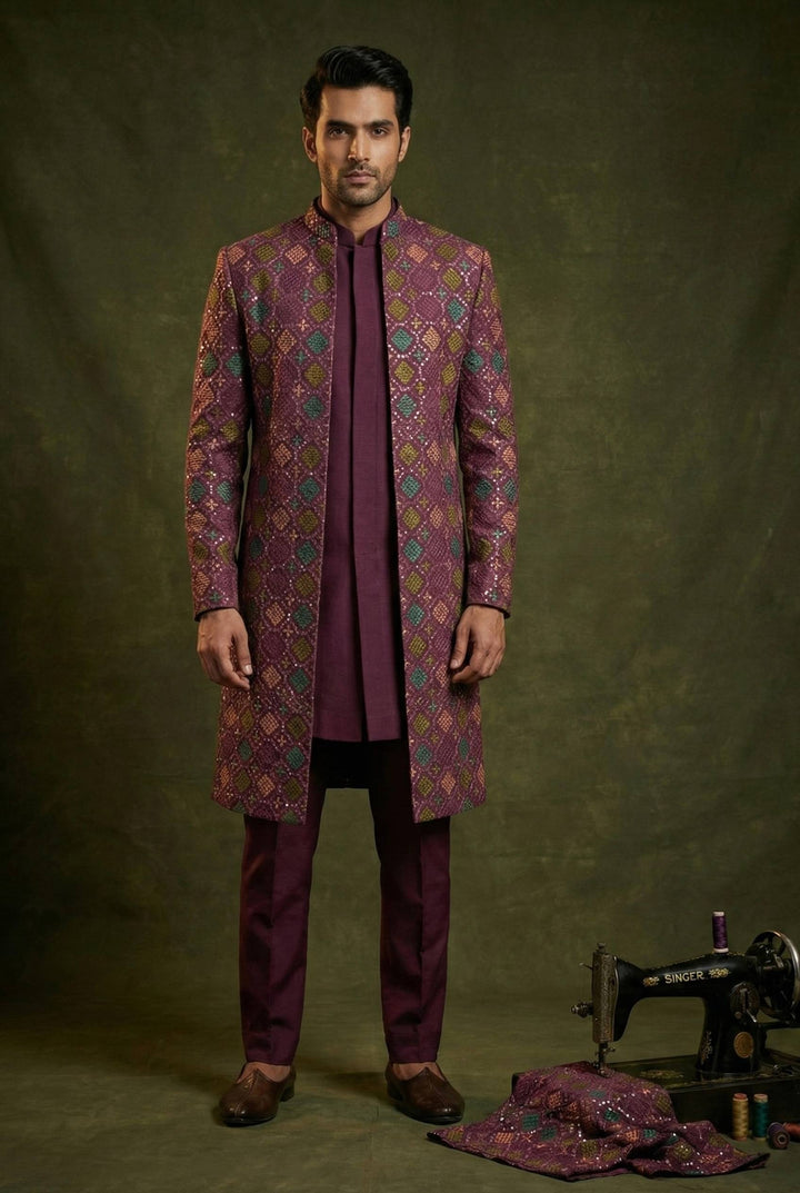 Abees Purple geometric embroidered layered sherwani set - front view