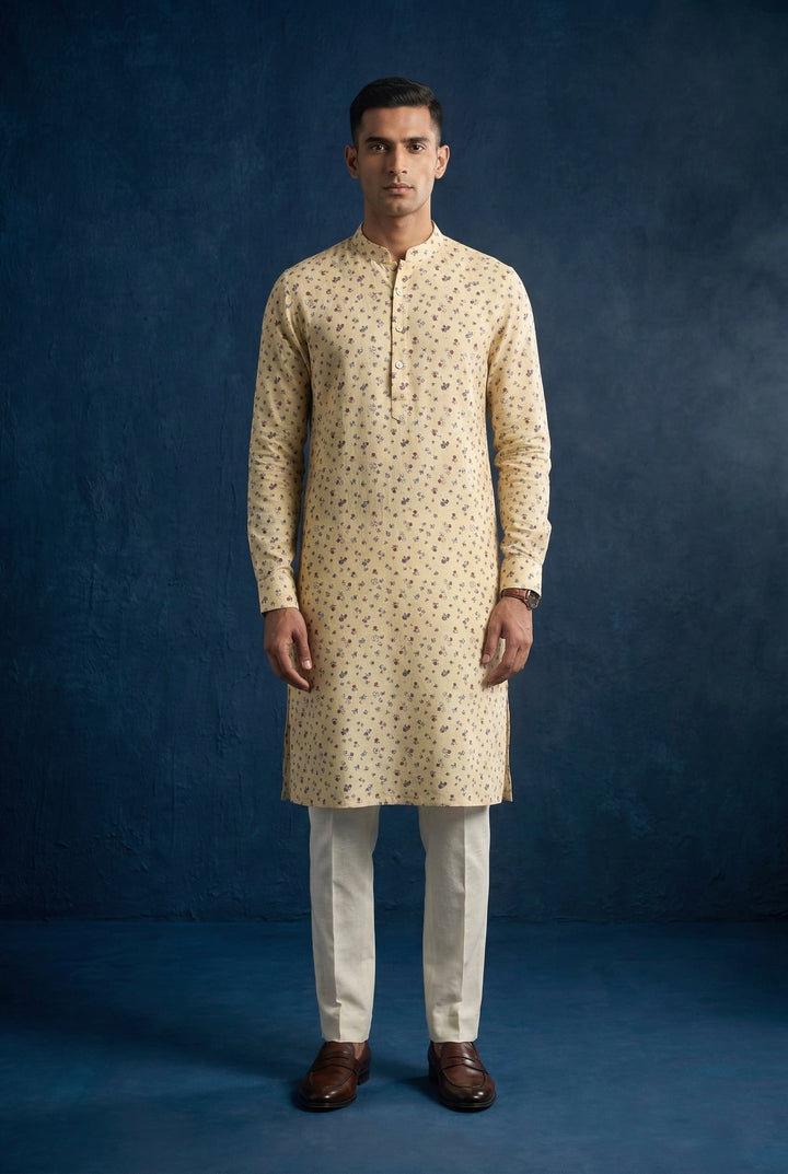 Abees Yellow linen printed kurta set with trousers - front view