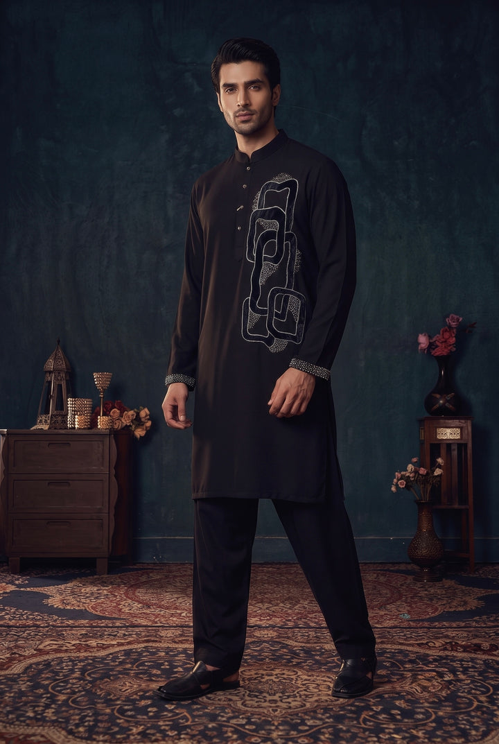 Black Geometric Embroidered Kurta Set