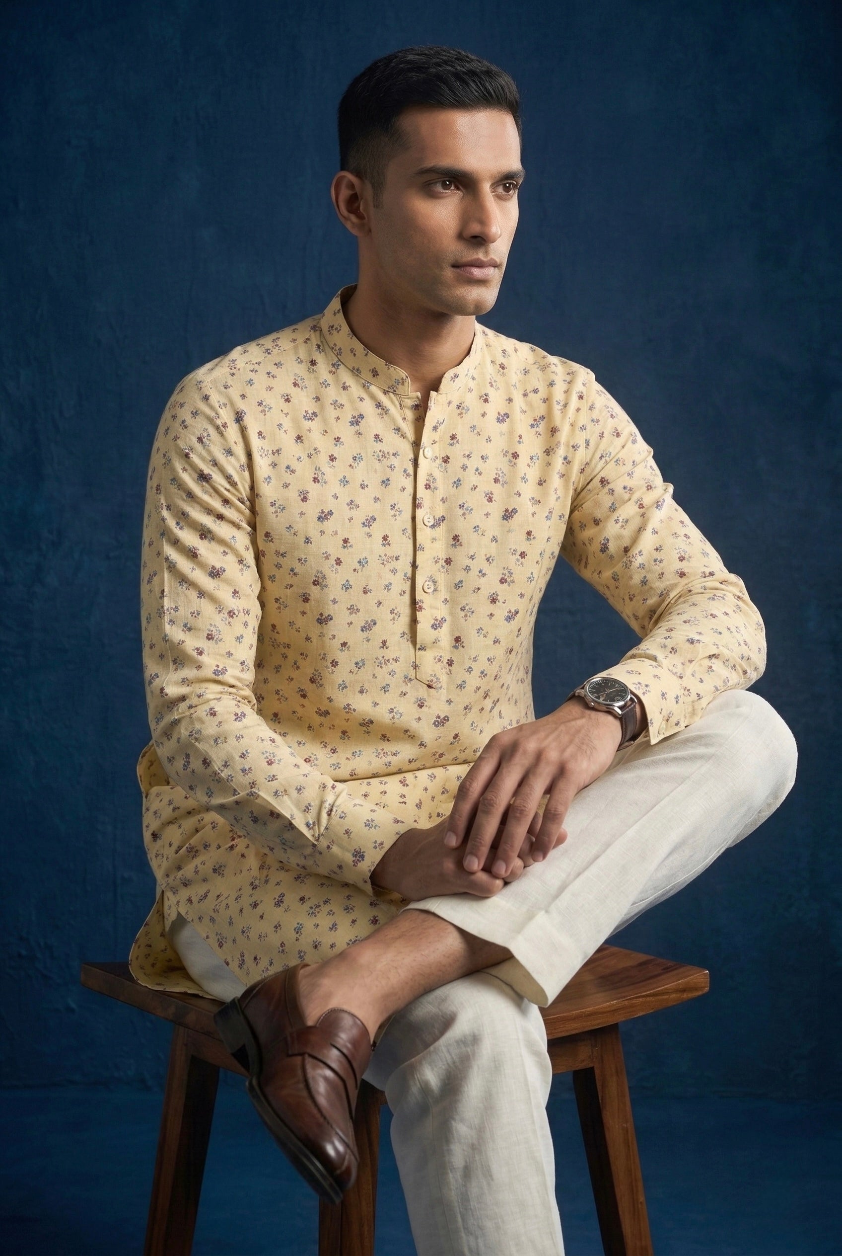 Butter Yellow Printed 100% Linen Kurta with Trousers