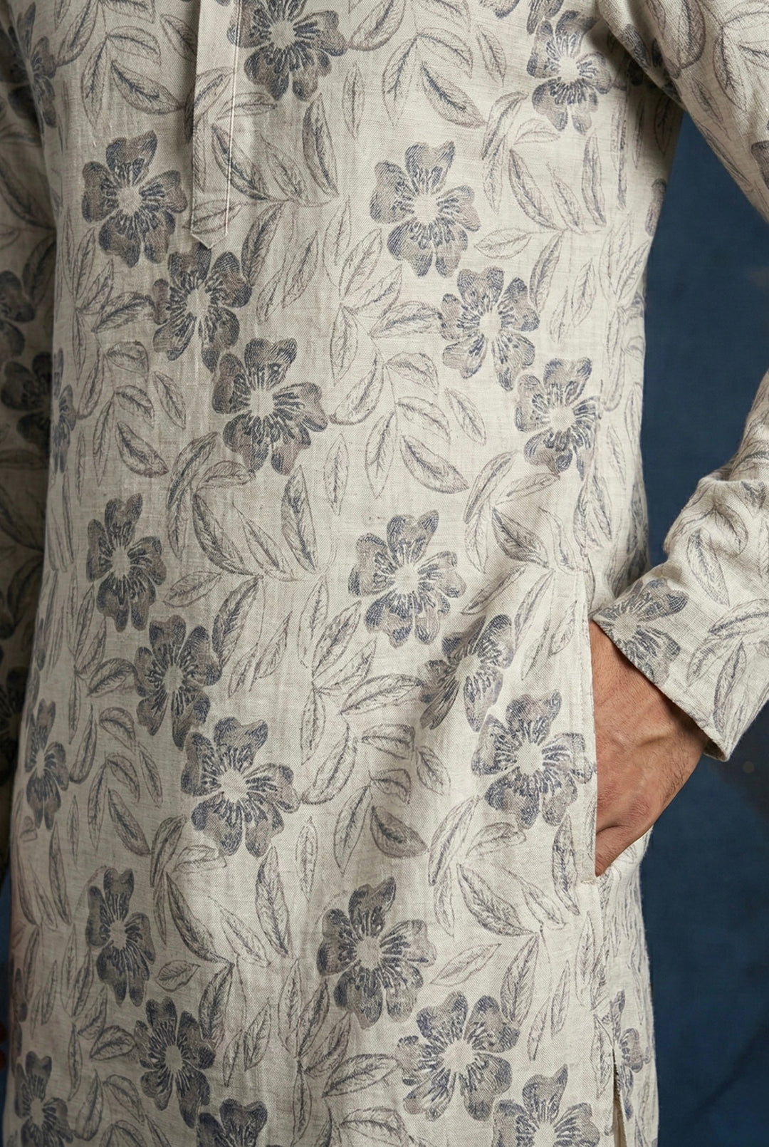 Abees Grey linen printed kurta set with trousers - back view