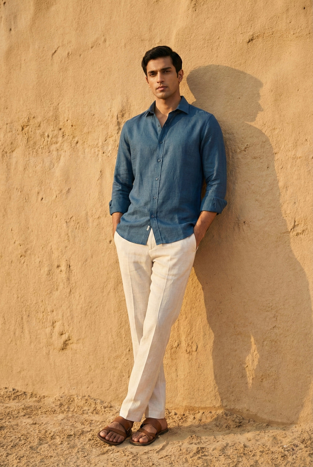 Abees Teal blue linen solid shirt - back view