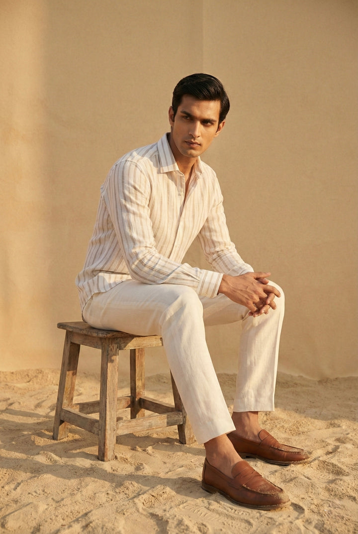 Beige Striped Pure Linen Shirt for Men