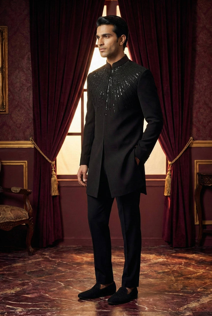 Abees Black hand embroidered bandhgala set - side view