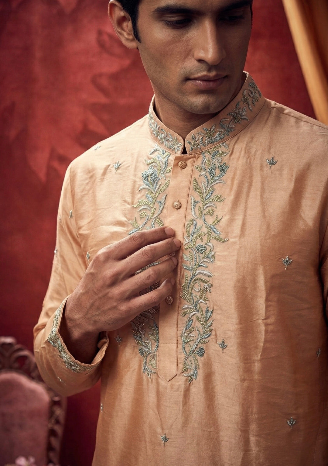 Abees Peach silk embroidered pattu kurta set with dhoti and angavastram - back view