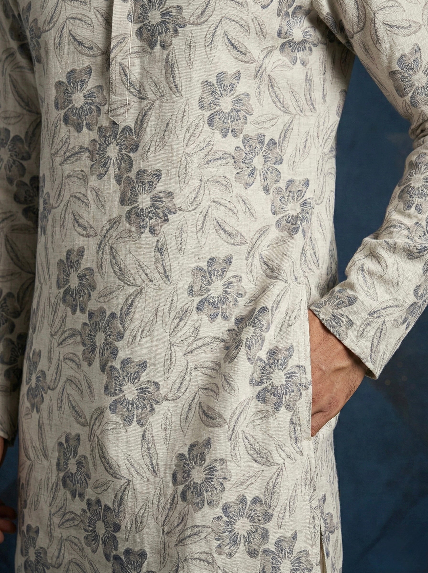 Stone Grey Floral Printed 100% Linen Kurta with Trousers
