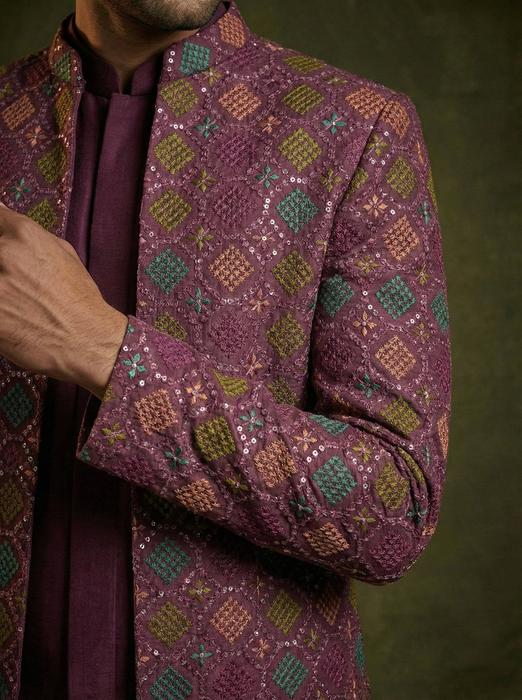 Royal Plum Geometric Embroidered Layered Sherwani Set for Men
