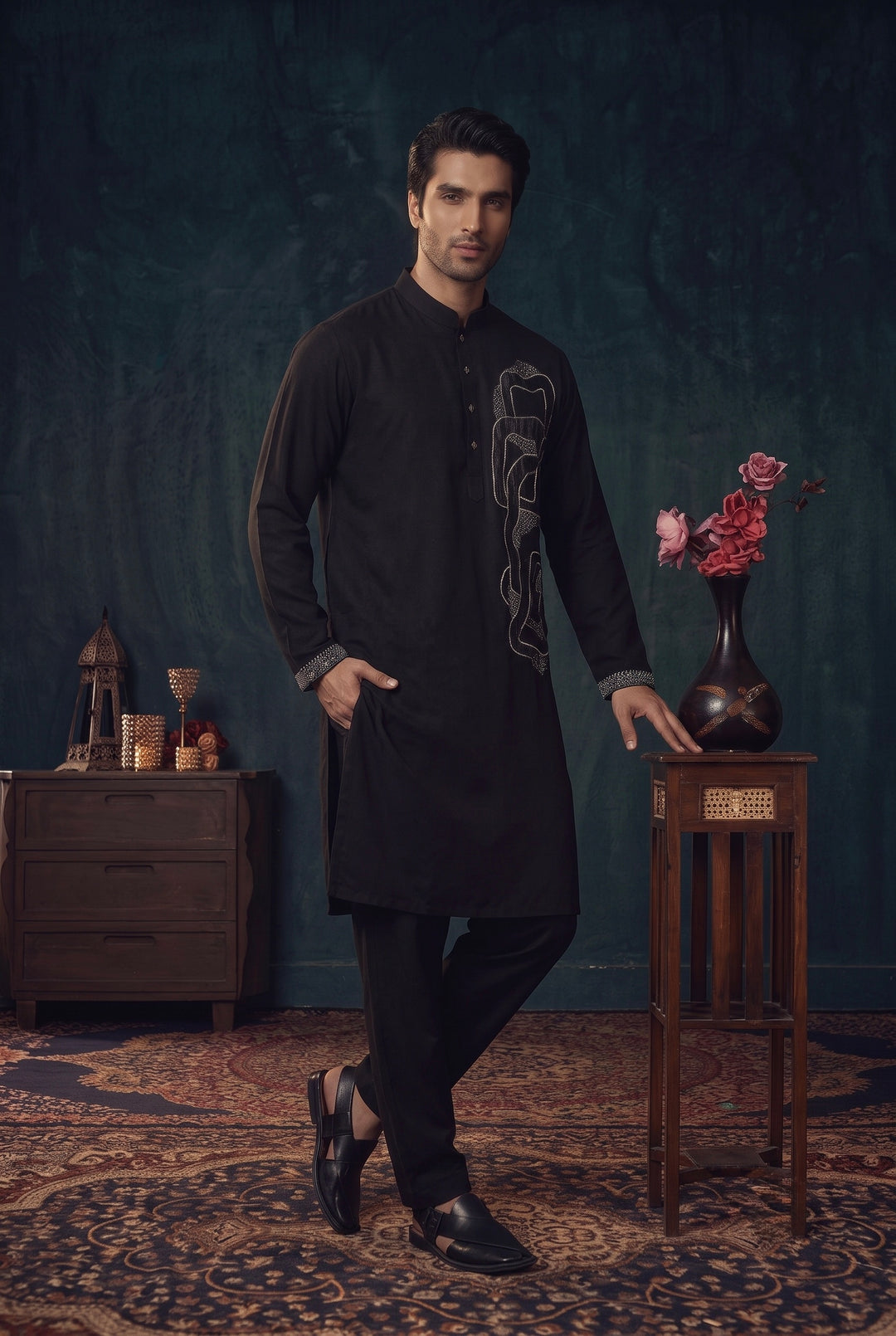 Black Geometric Embroidered Kurta Set