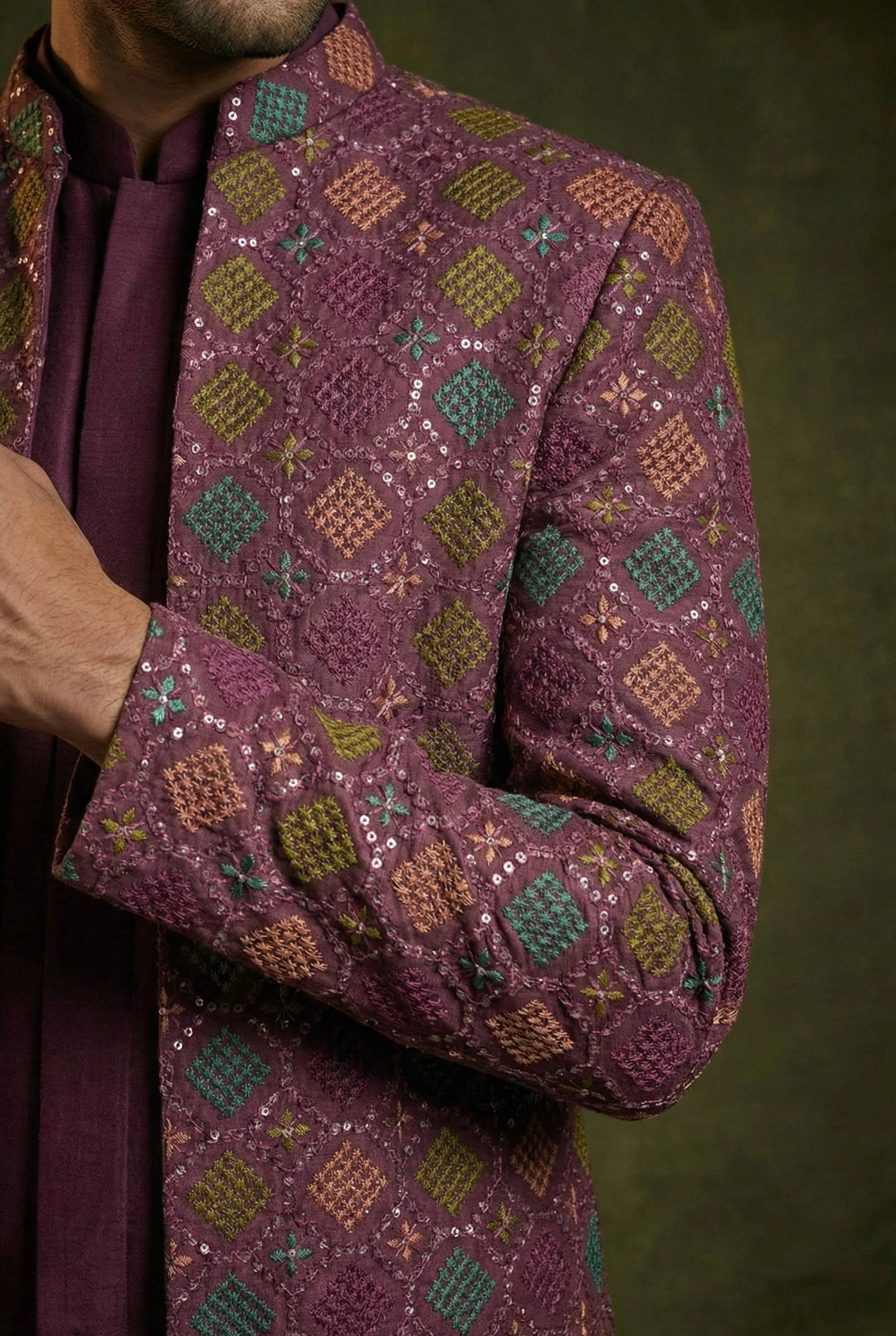 Abees Purple geometric embroidered layered sherwani set - back view