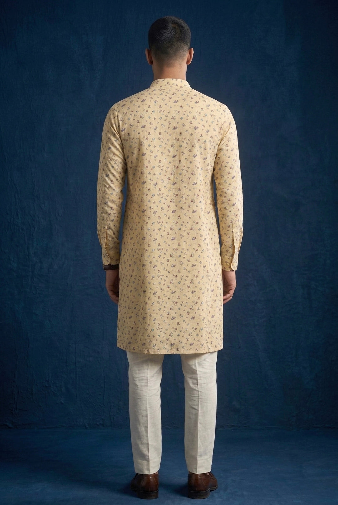 Abees Yellow linen printed kurta set with trousers - side view