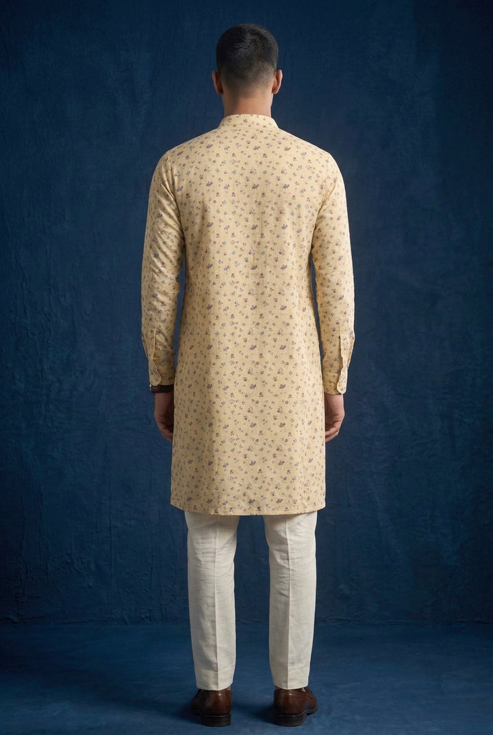 Abees Yellow linen printed kurta set with trousers - side view