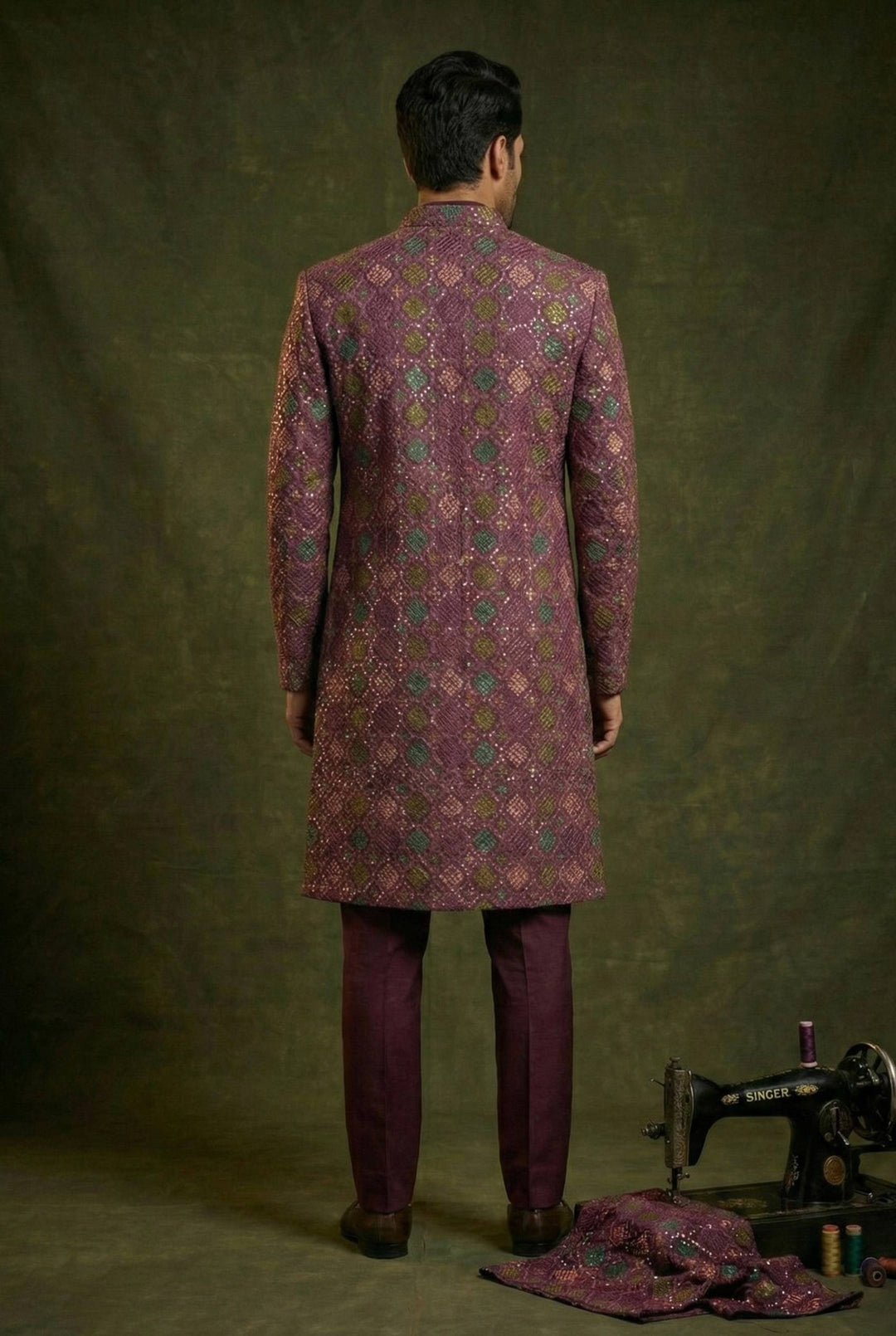 Abees Purple geometric embroidered layered sherwani set - side view
