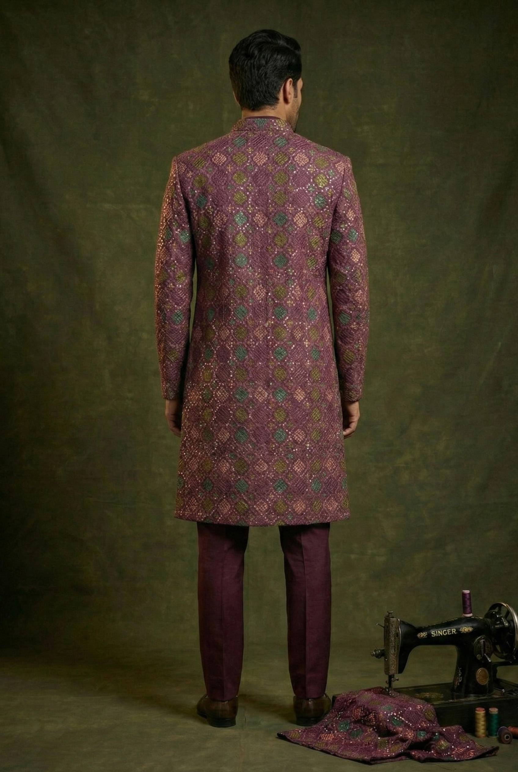 Abees Purple geometric embroidered layered sherwani set - side view