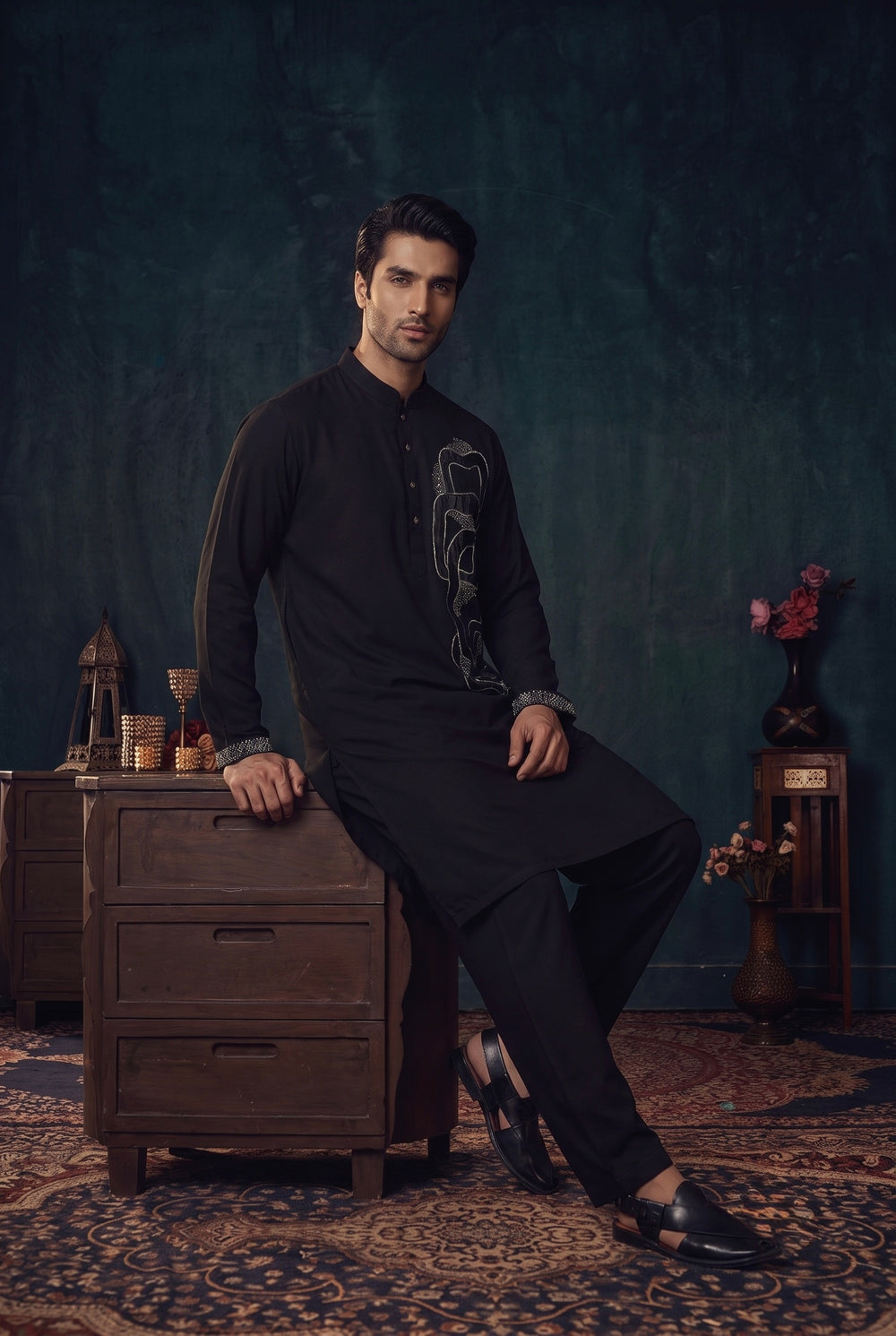 Black Geometric Embroidered Kurta Set