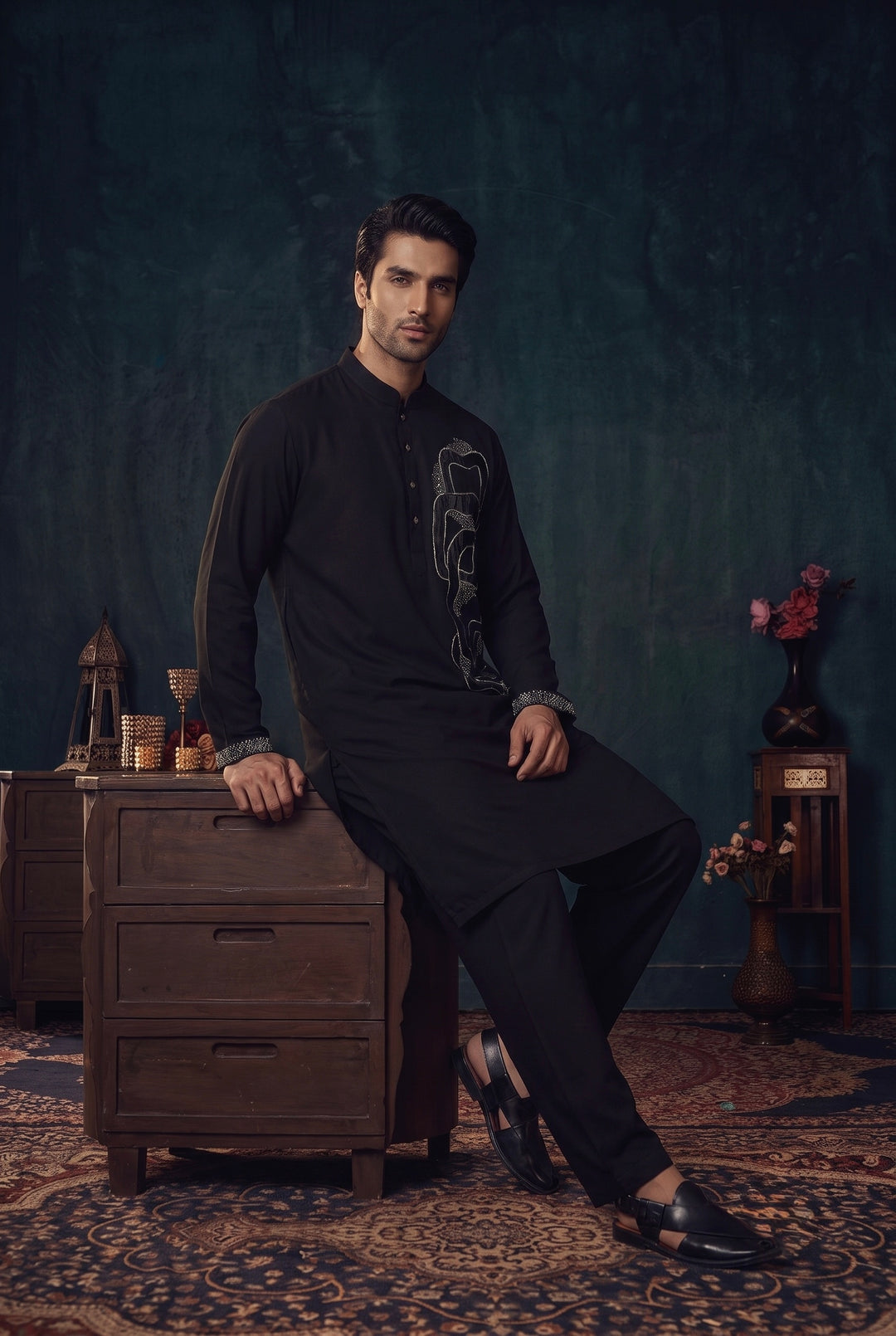 Black Geometric Embroidered Kurta Set