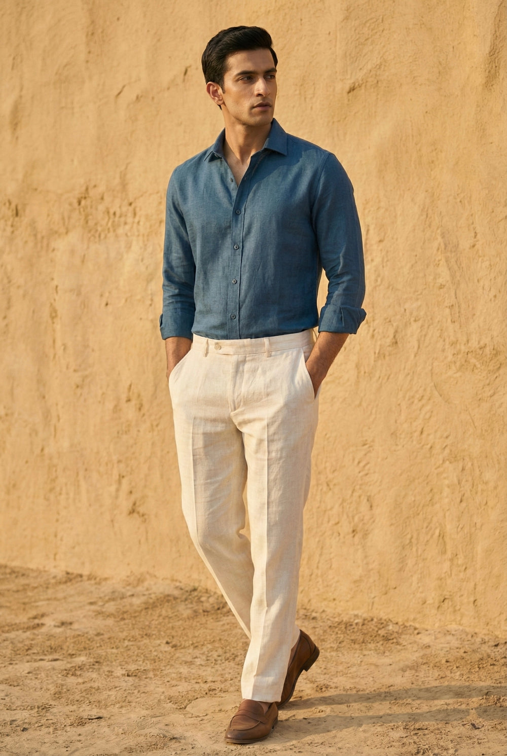 Abees Teal blue linen solid shirt - side view