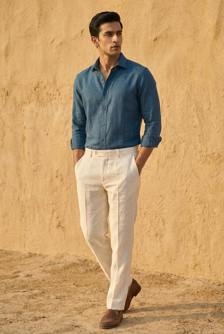 Teal Blue Pure Linen Shirt