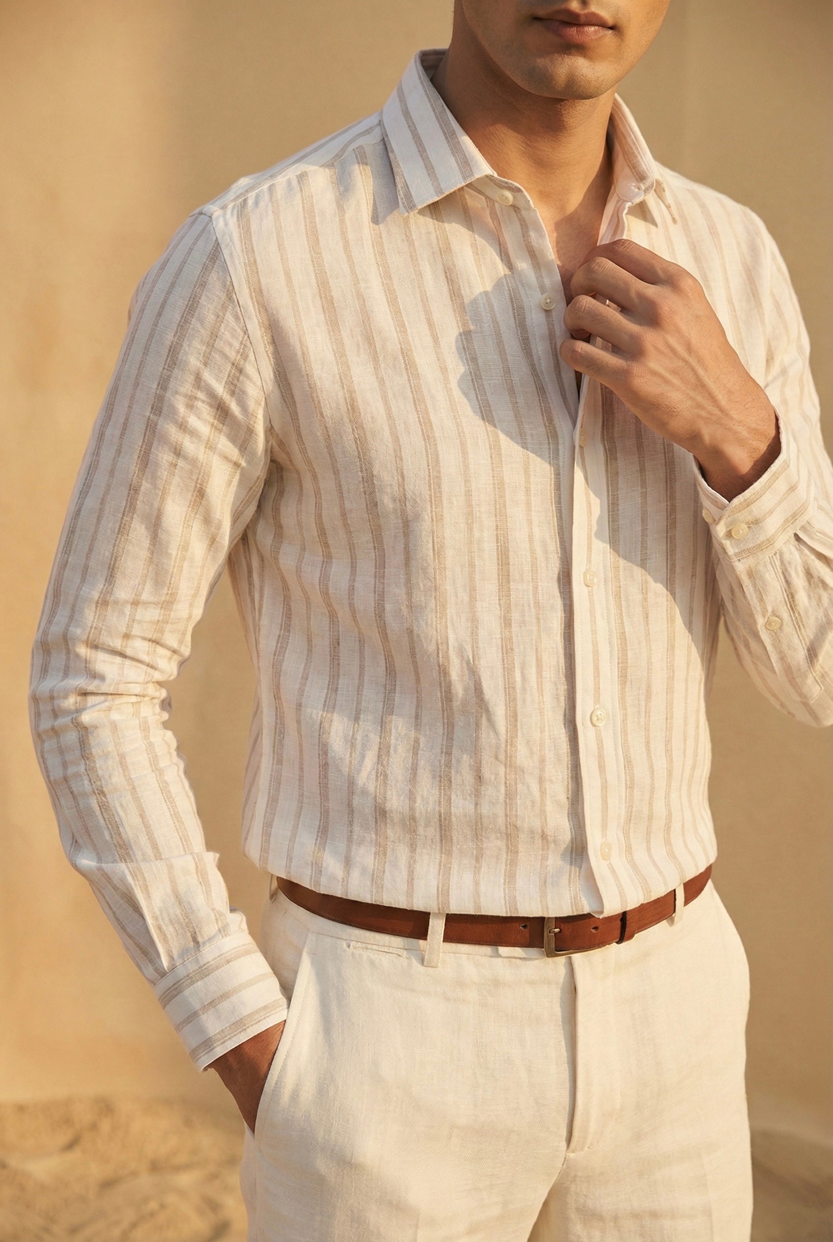 Beige Striped Pure Linen Shirt for Men