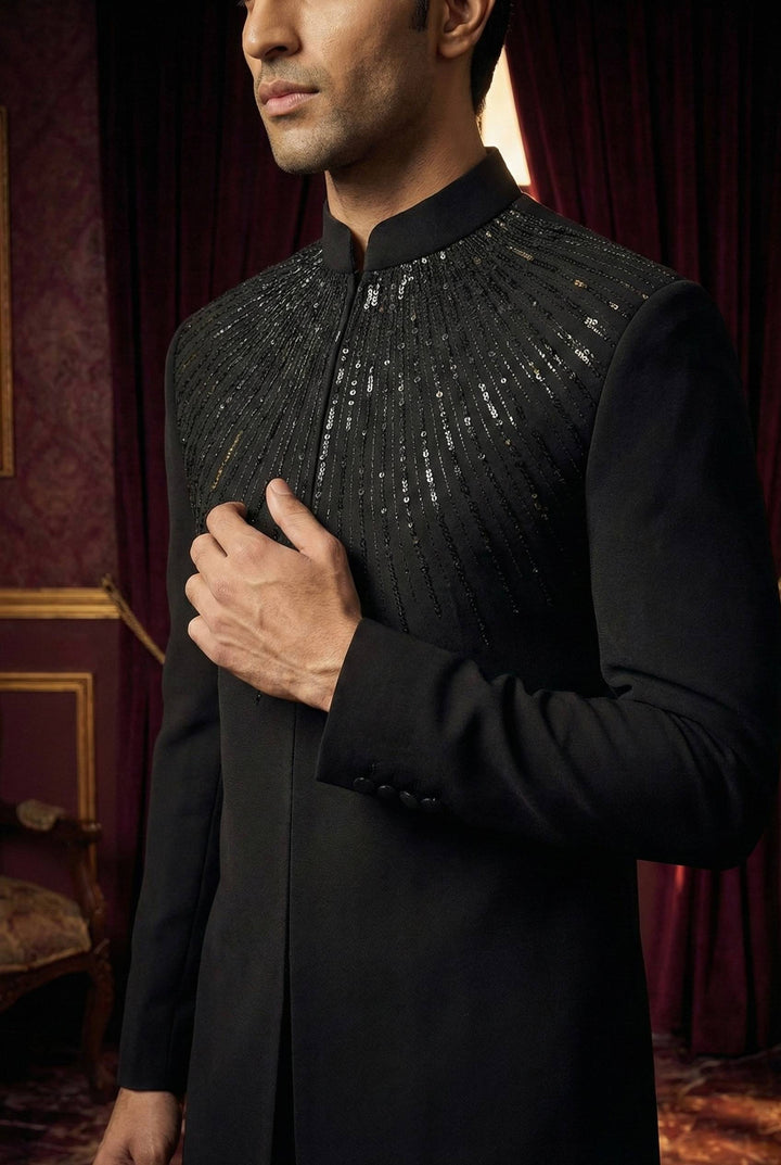 Abees Black hand embroidered bandhgala set - back view