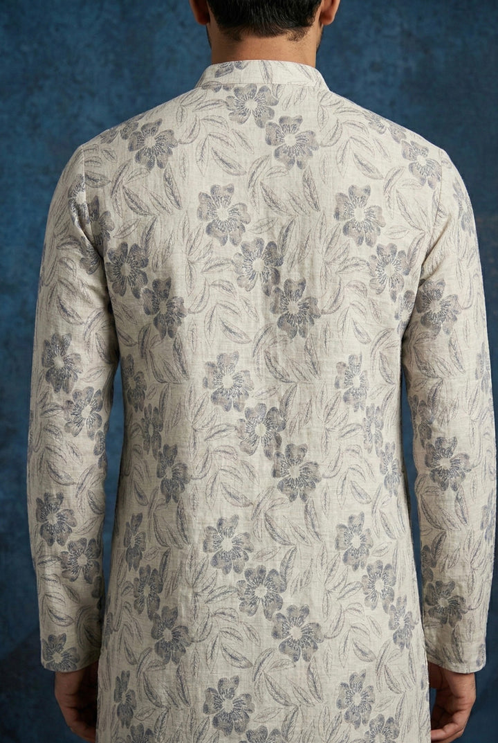 Abees Grey linen printed kurta set with trousers - side view