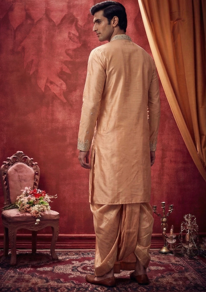 Abees Peach silk embroidered pattu kurta set with dhoti and angavastram - side view
