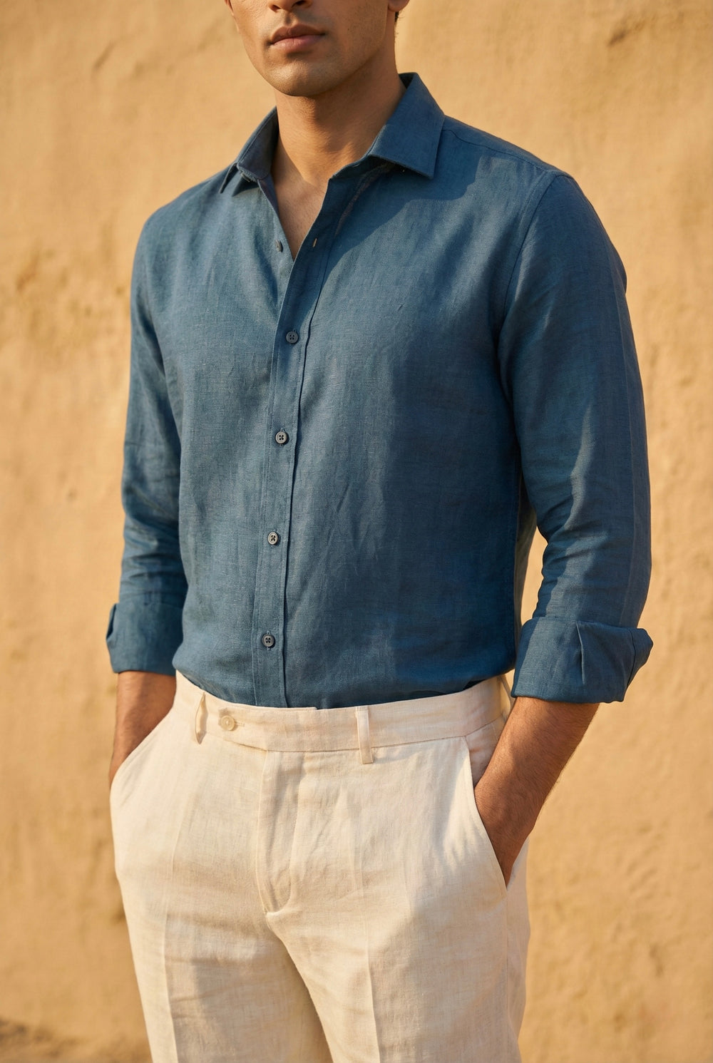 Abees Teal blue linen solid shirt - detail view 1