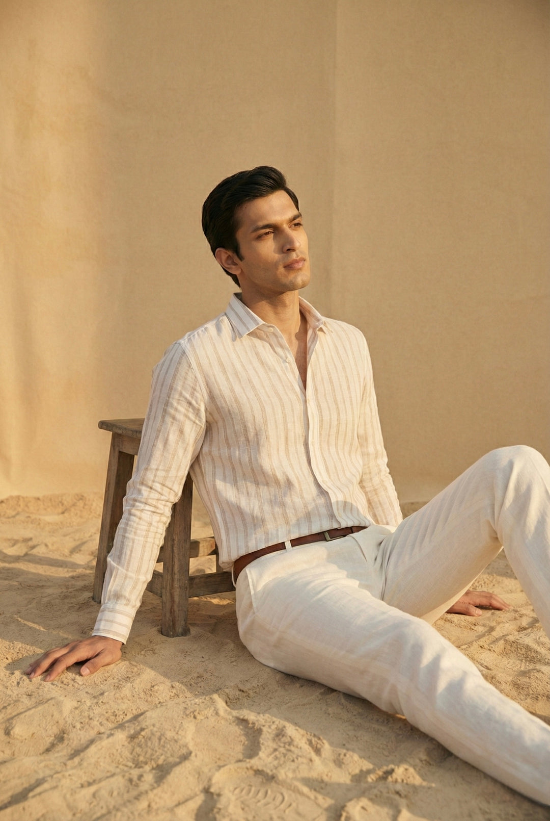 Beige Striped Pure Linen Shirt for Men