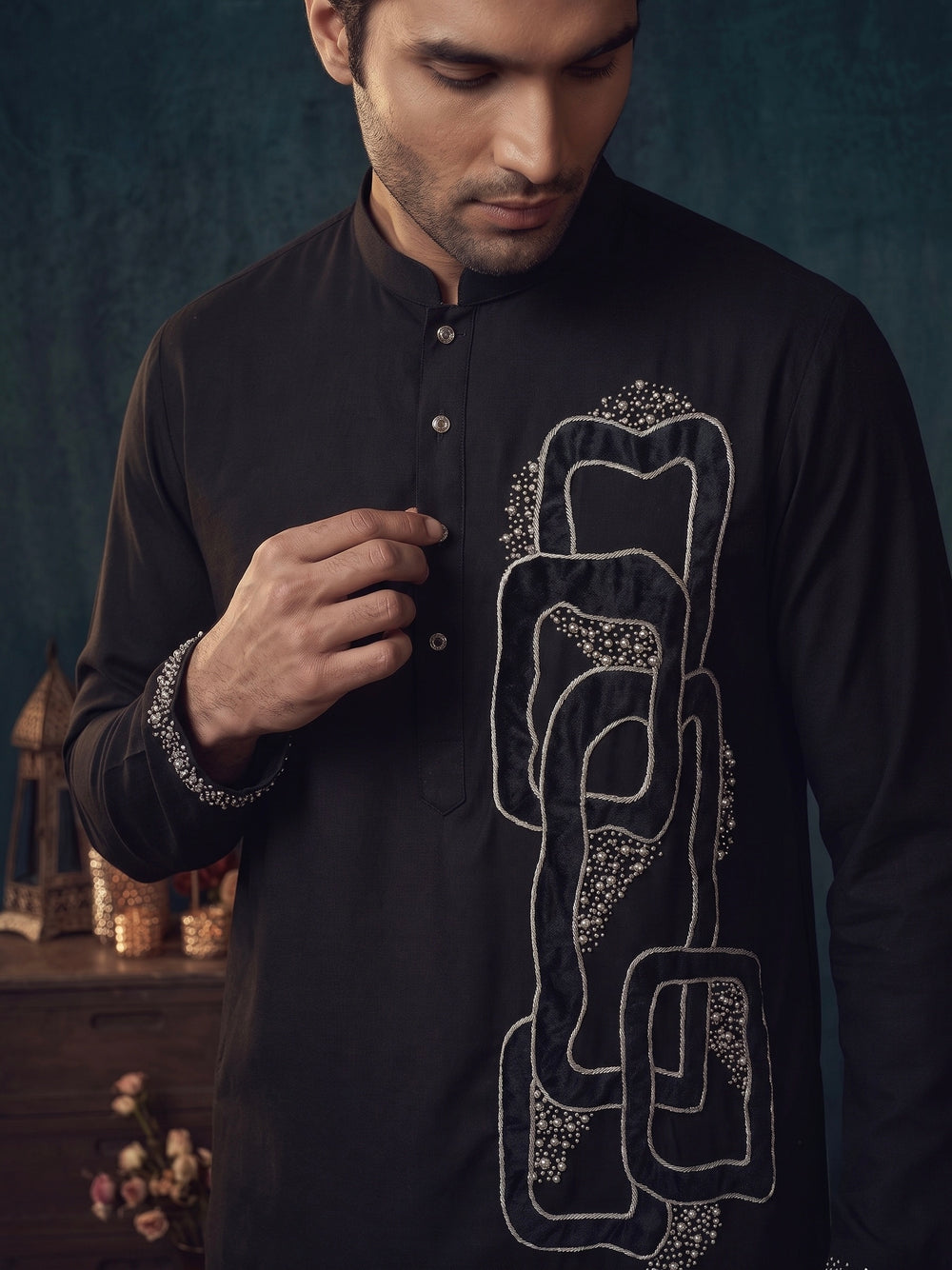 Black Geometric Embroidered Kurta Set