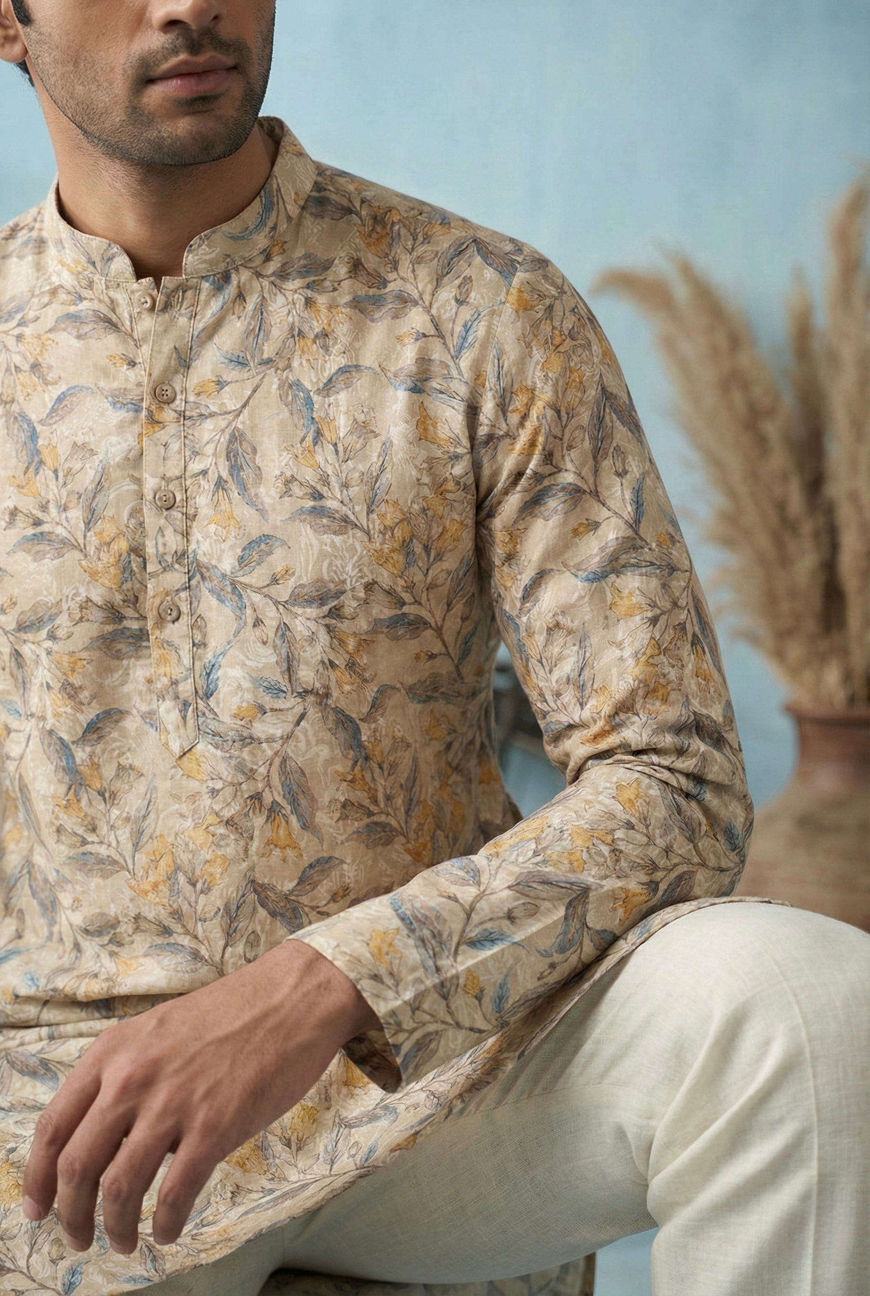 Beige Floral Vine Printed Kurta for Men