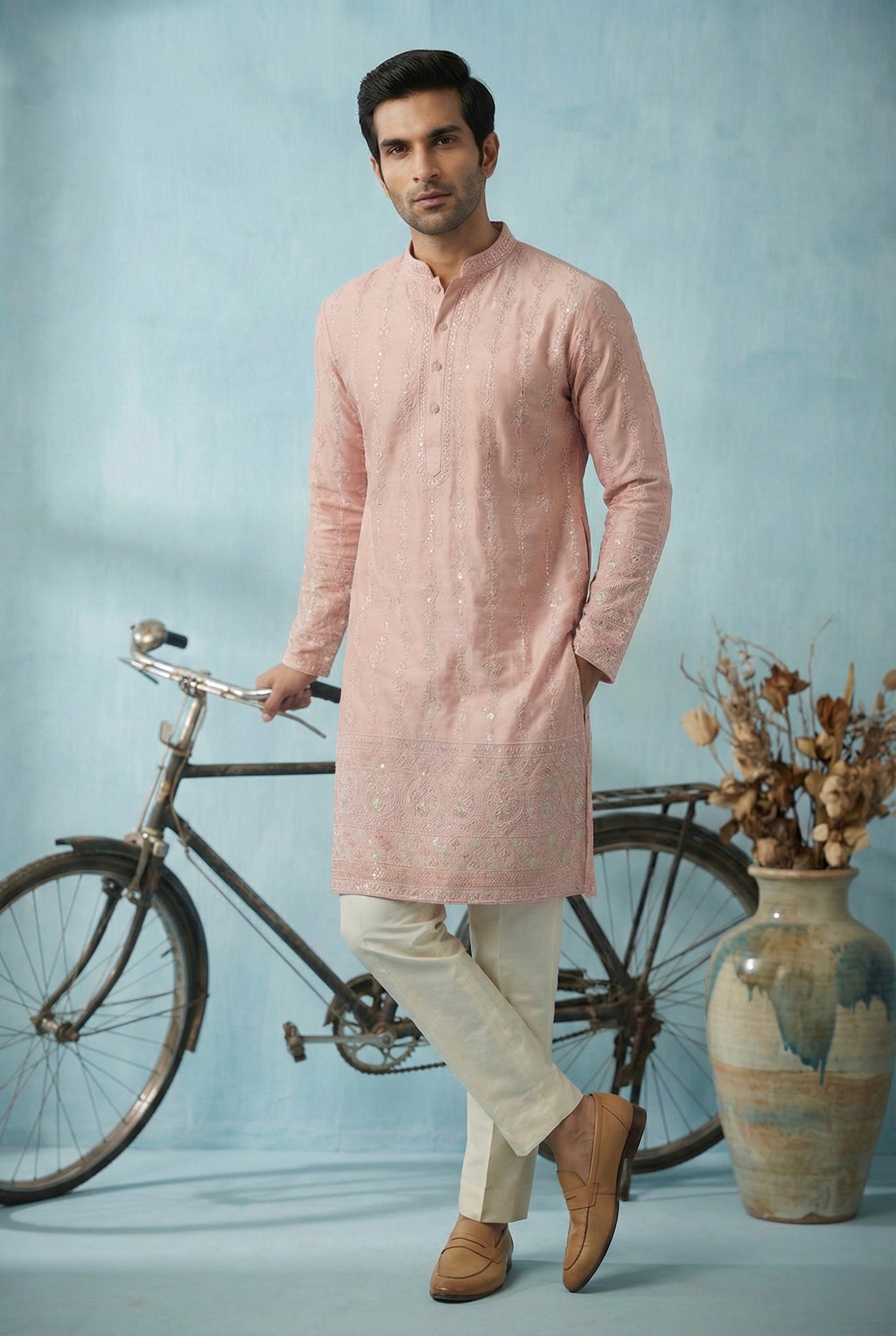 Blush Pink Embroidered Festive Kurta Set for Men