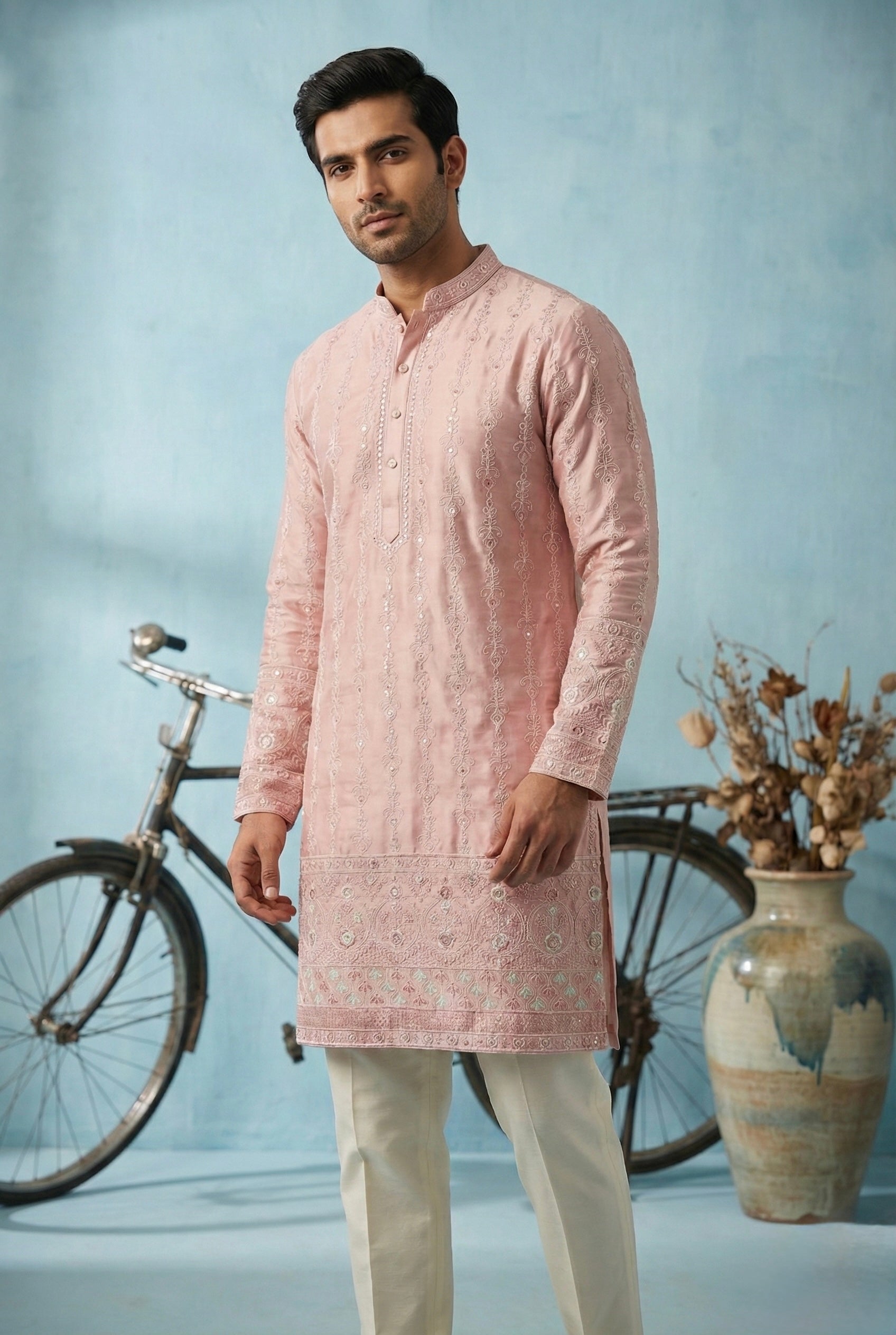 Blush Pink Embroidered Festive Kurta Set for Men