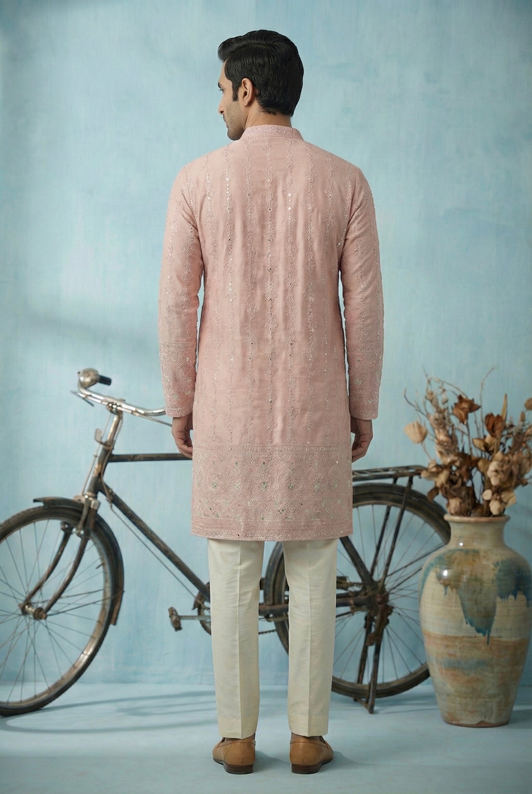 Blush Pink Embroidered Festive Kurta Set for Men
