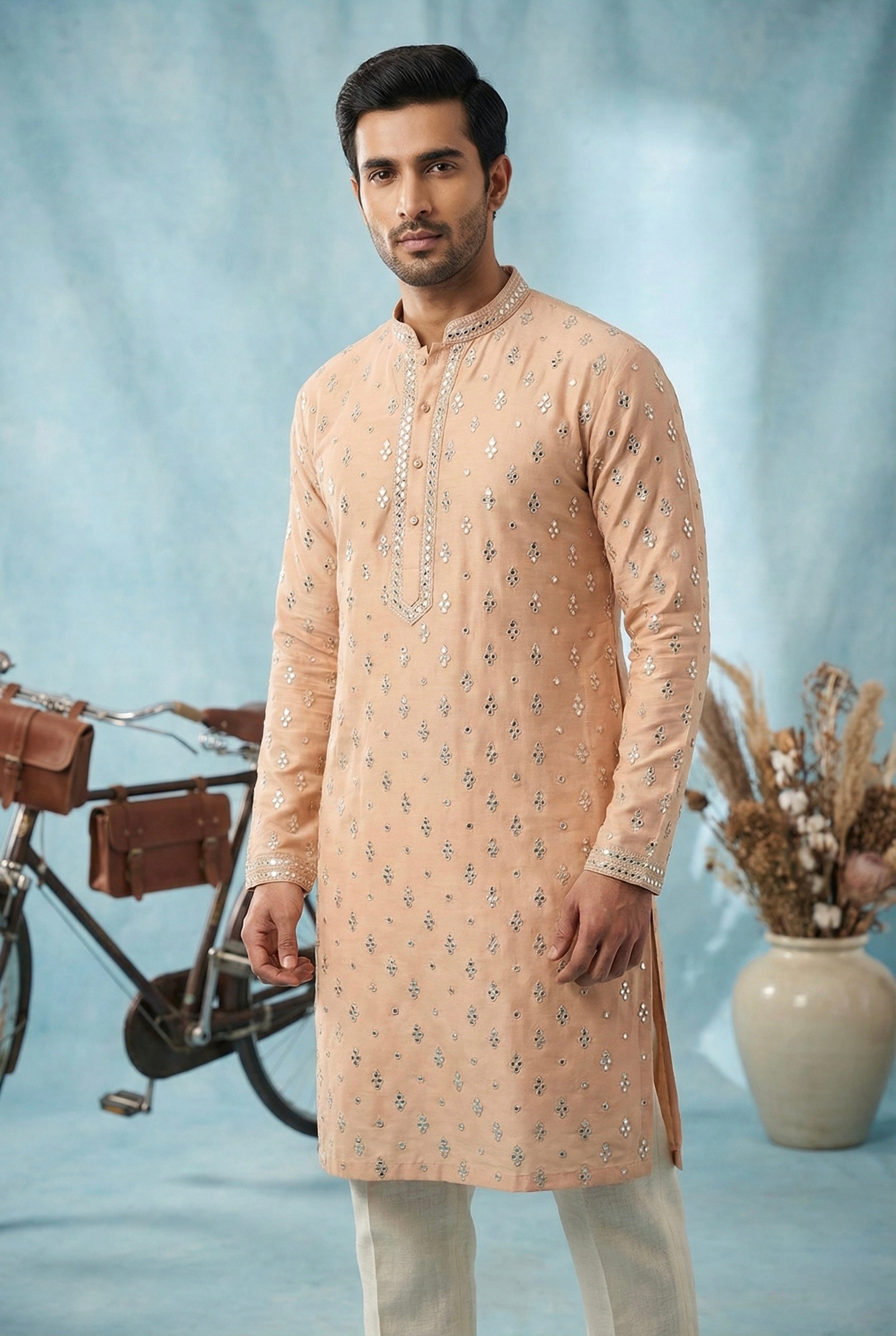 Peach Embroidered Festive Kurta Set for Men