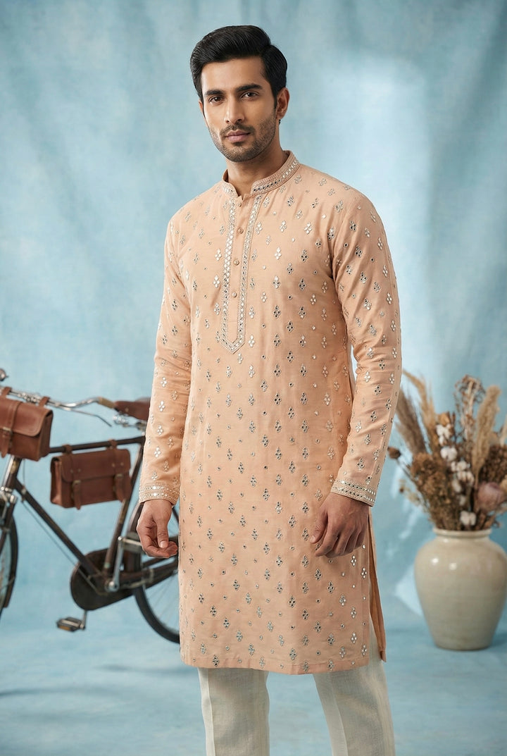 Abees Beige embroidered kurta set for men - front view
