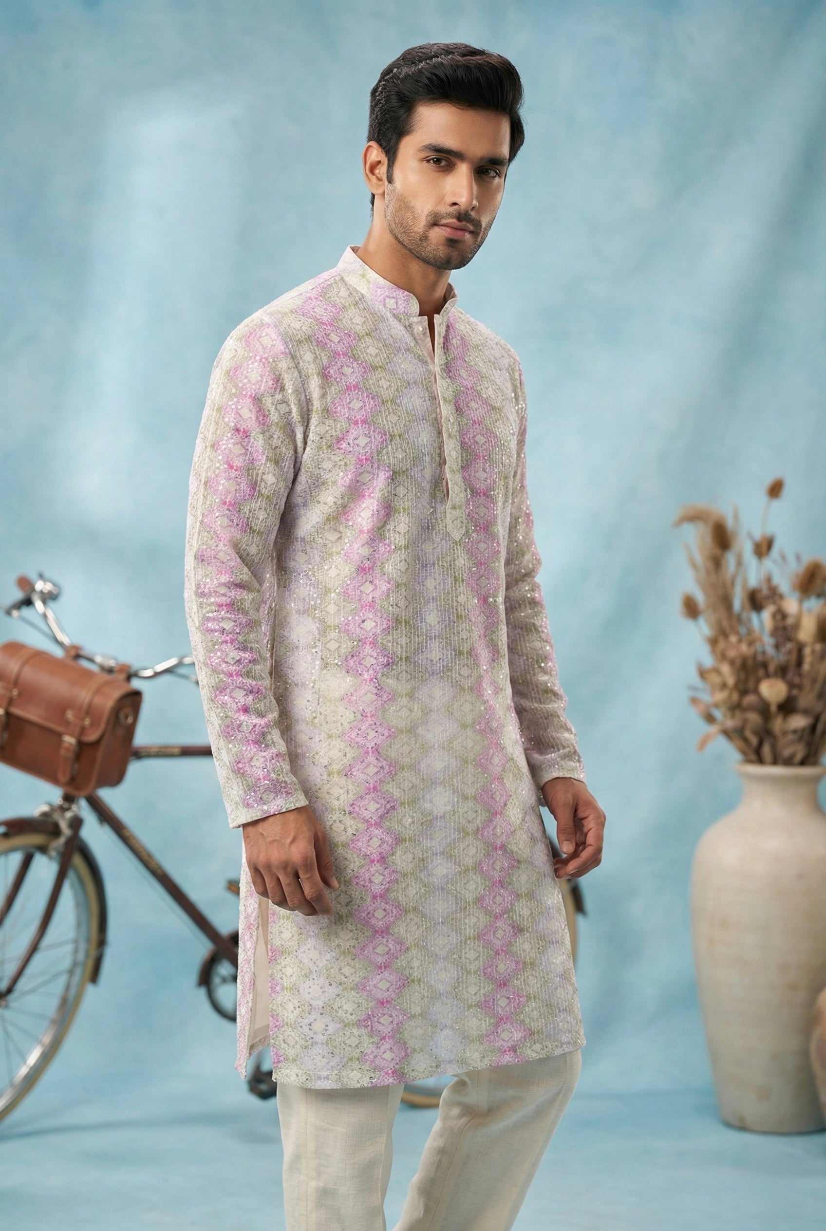 Pastel Lilac Embroidered Festive Kurta Set for Men
