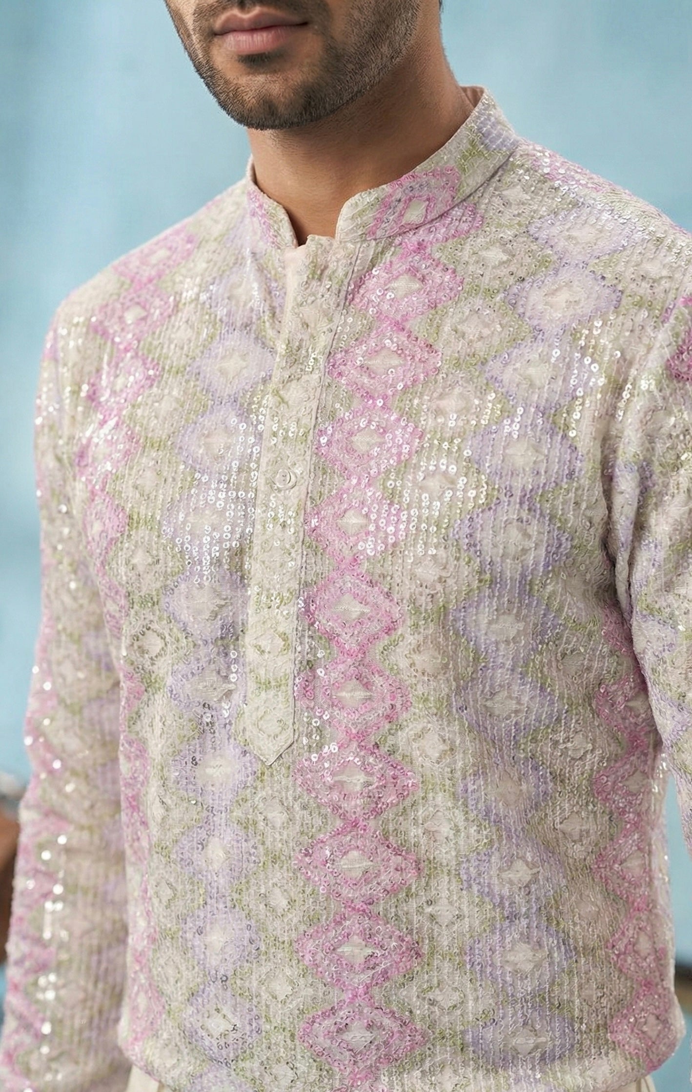 Pastel Lilac Embroidered Festive Kurta Set for Men