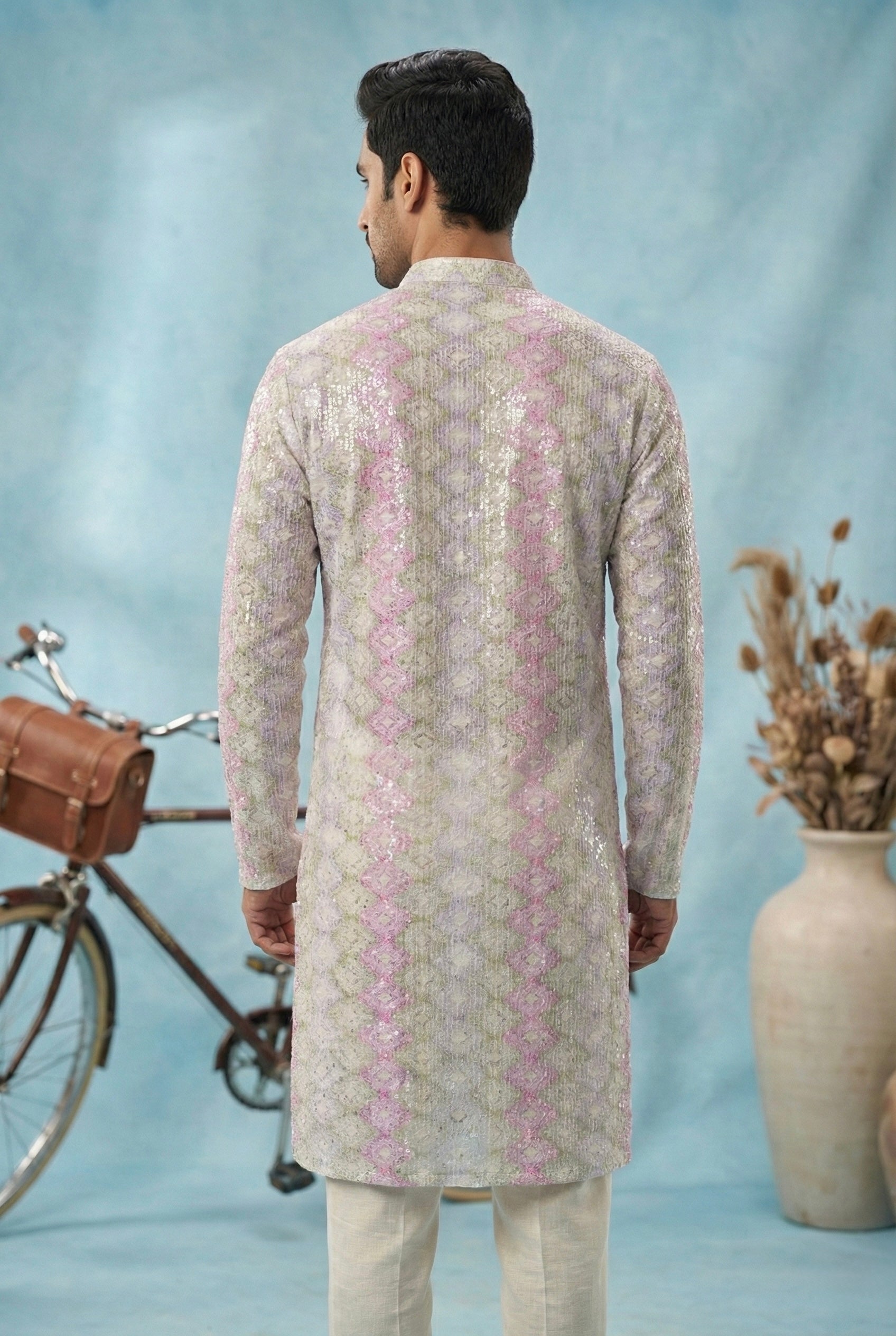 Pastel Lilac Embroidered Festive Kurta Set for Men