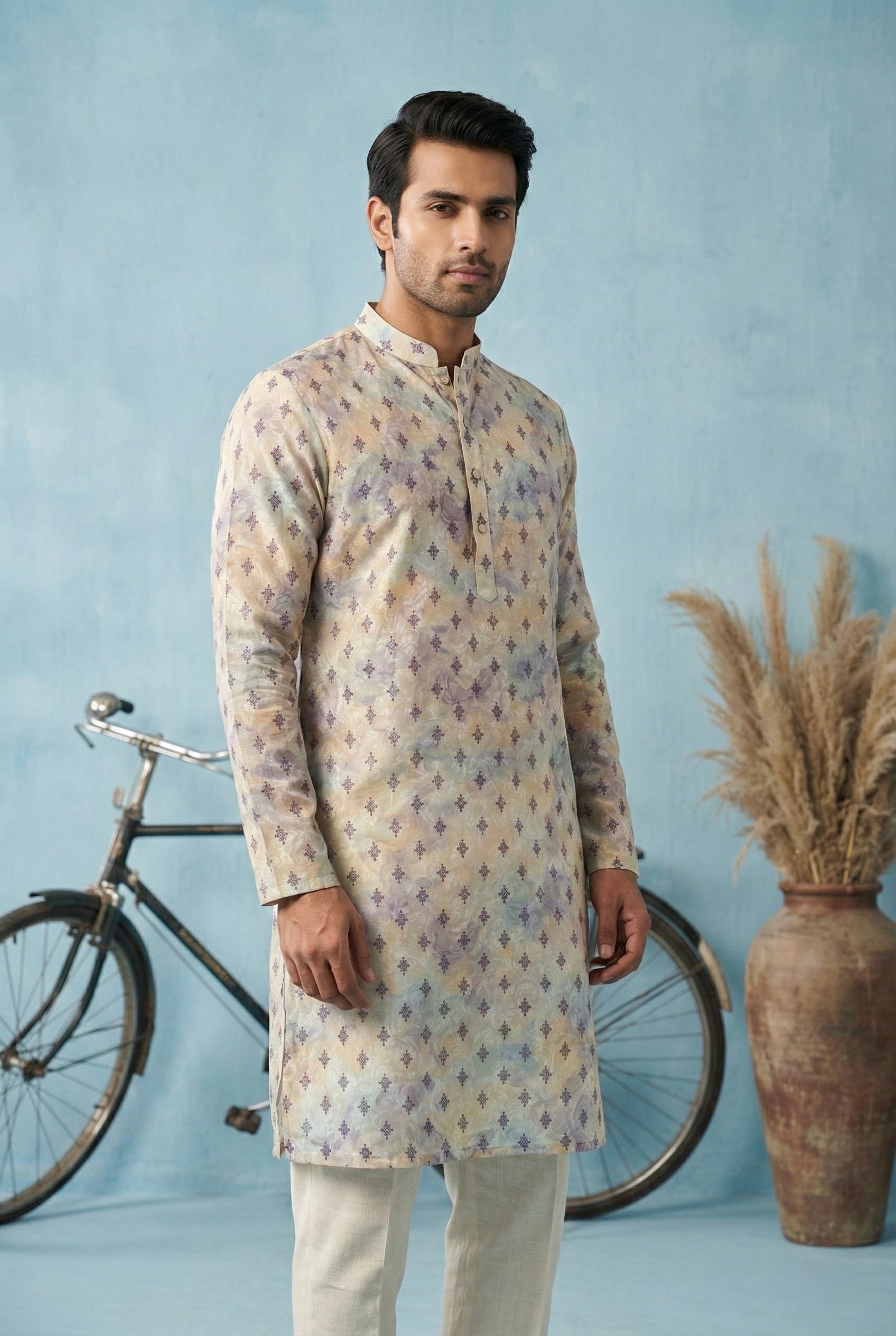 Ivory Lilac Printed Festive Kurta Set for Men