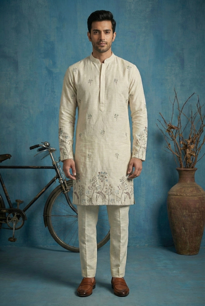 Abees White cotton embroidered kurta set - front view